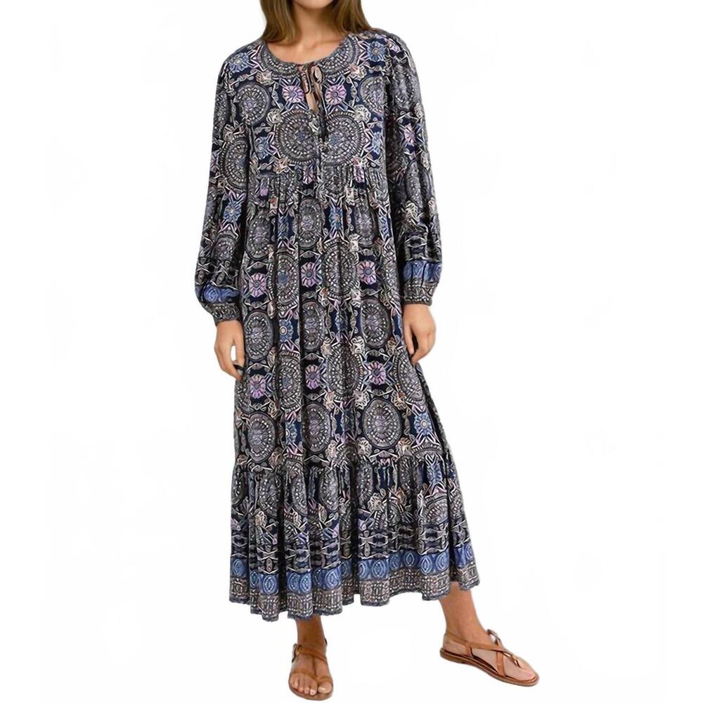 NEW MOLLY BRACKEN pia print midi dress in blue multi